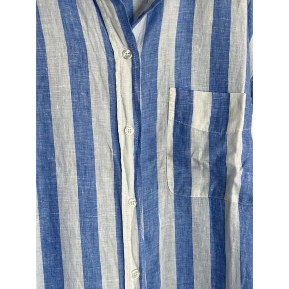 H&M Linen Long Sleeve Button Front Oversized Shirt Blue White Stripe Size Large - Picture 4 of 8